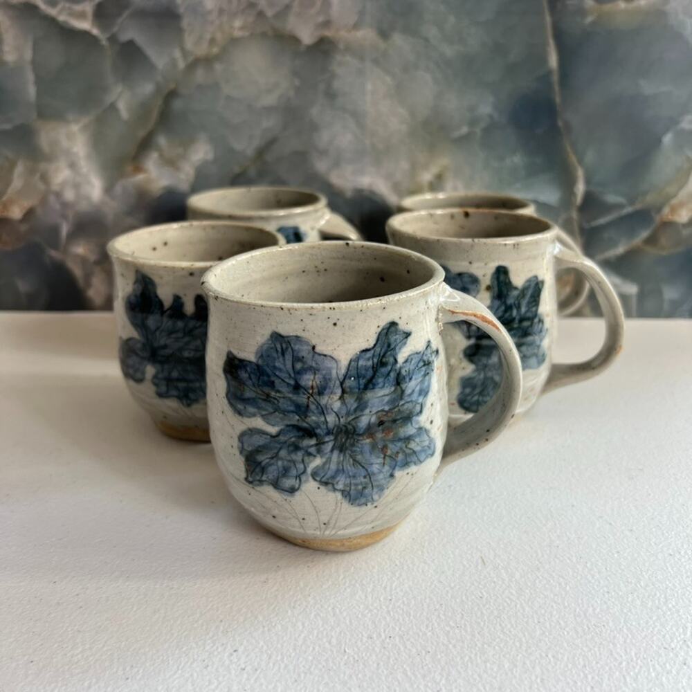 Studio Art Pottery Mugs Gray Blue Flowers Stoneware Hand Thrown J.U. Set of 5